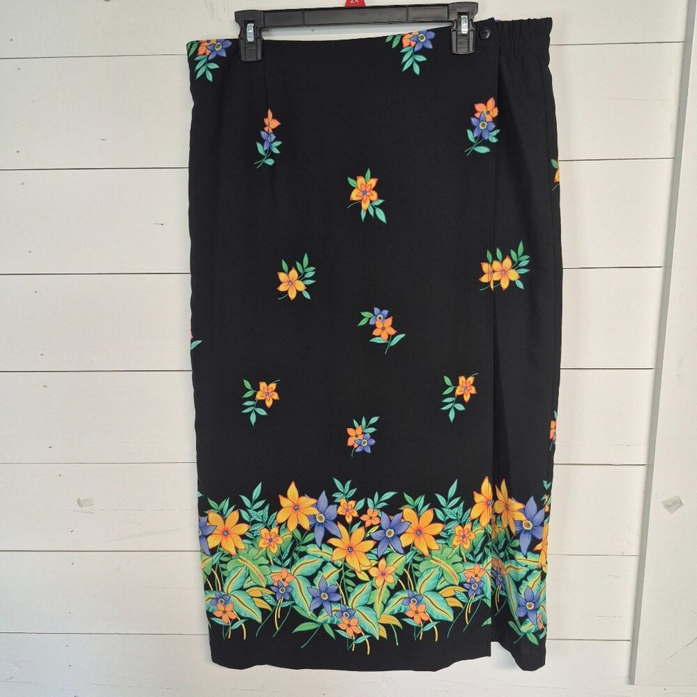 Sag Harbor Womens Floral Print Black Midi Skirt Size 18 Polyester Elastic‎ Waist